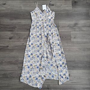 EN SAISON Floral Midi Dress Small White Blue Ruched Ruffle Cottagecore Feminine
